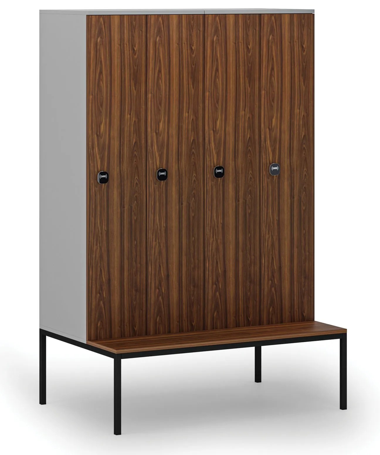 Drevená šatníková skrinka S4 s lavičkou, 4 oddiely, 1871 x 1200 x 500/800 mm, demont, RFID zámok, sivá/orech