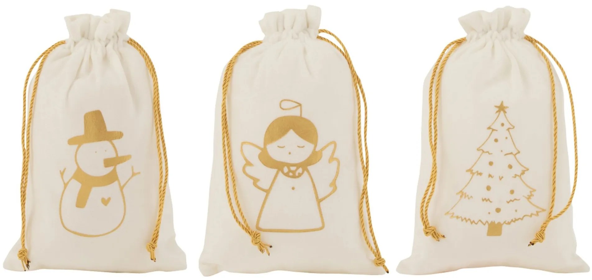 3ks zamatové krémové vrecká s anjelikom, stromčekom a snehuliakom - 18*28 cm
