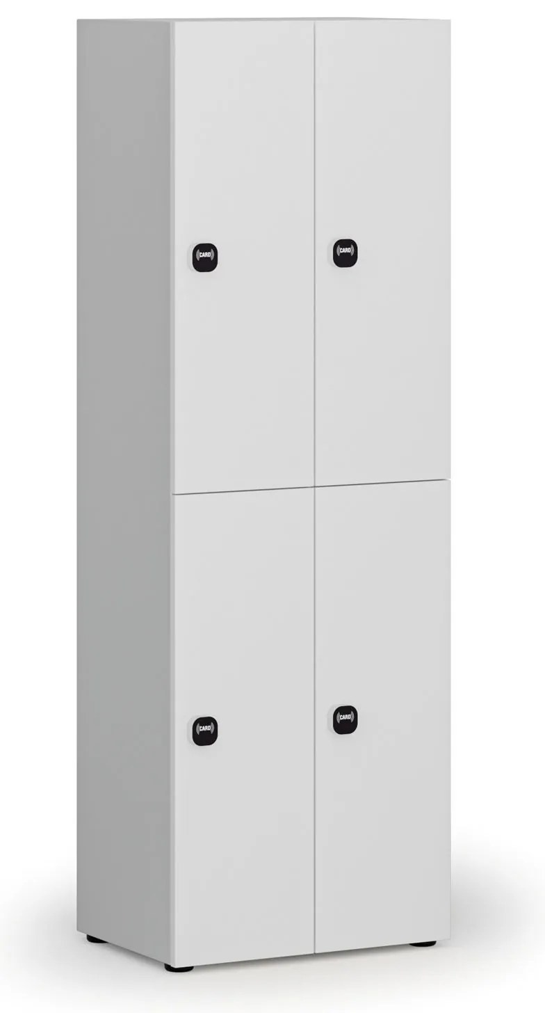 Drevená šatníková skrinka S4 s úložnými boxmi, 4 boxy, demont, RFID zámok, sivá/biela