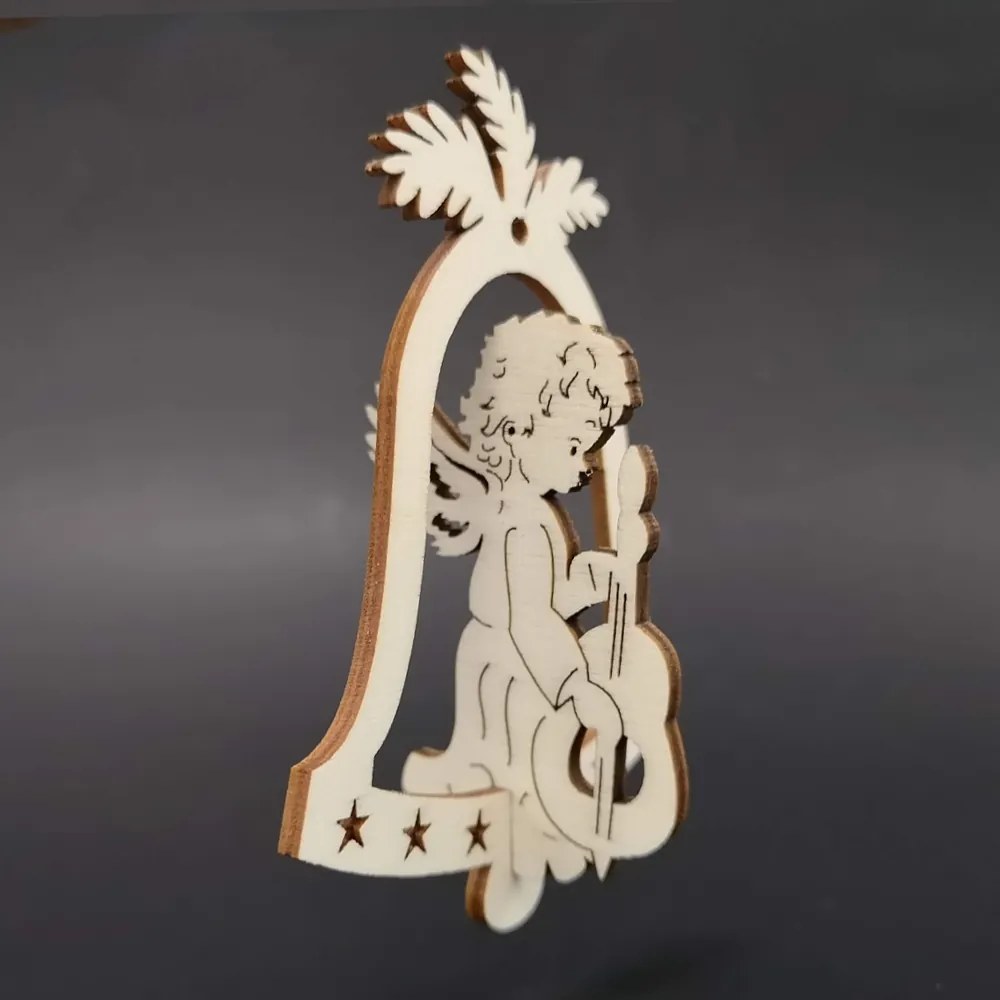 AMADEA Drevená ozdoba 3D zvonček - anjel s basou 9 cm