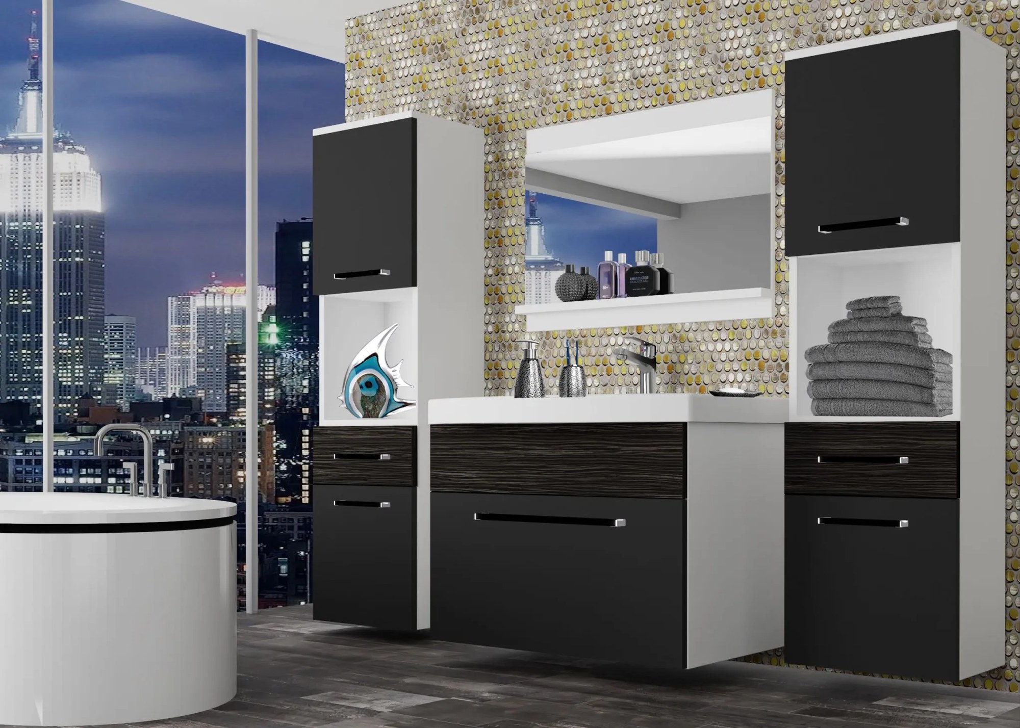 Kúpeľňový nábytok Belini čierny mat / eben kráľovský + umývadlo + zrkadlo ROD M 6/0/W/BHK/0/ZW