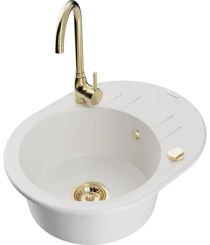 Mexen Kevin, drez granitový 586x458x190 mm, 1-komorový a zlatá batéria Telma, biela, 6517-20-670200-50