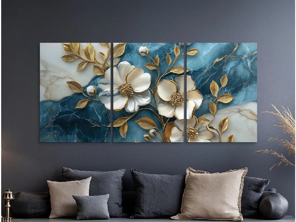 drevko | Trojdielny obraz Zlatý kvet v mramore