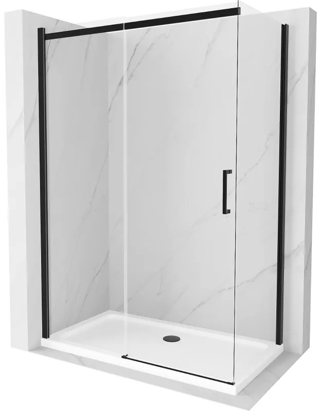 Mexen Omega, sprchovací kút s posuvnými dverami 130 (dvere) x 70 (stena) cm, 8mm číre sklo, čierny profil + slim sprchová vanička biela s čiernym sifónom, 825-130-070-70-00-4010B