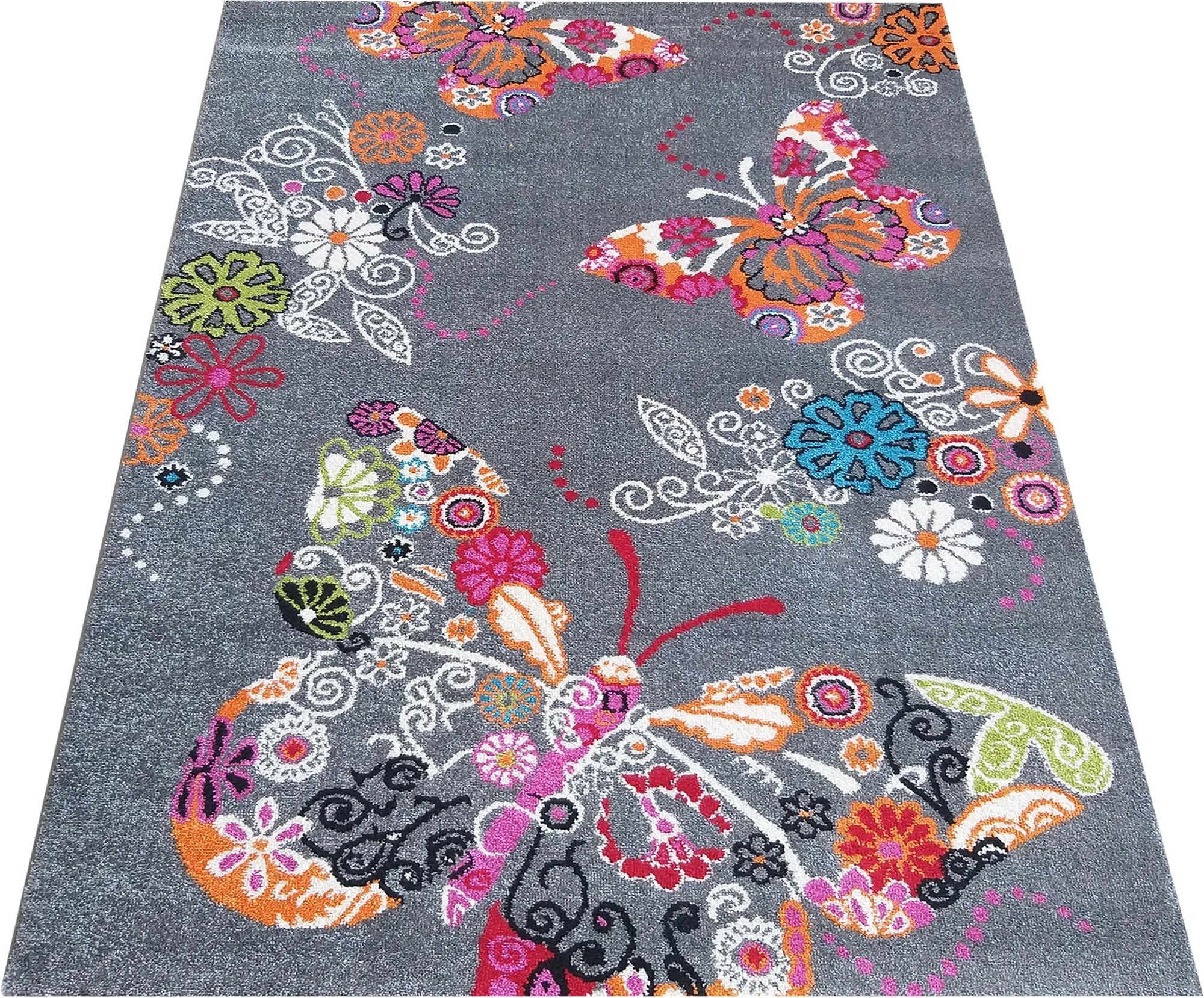 DY Detský sivý koberec s motýľmi Bella 114 Rozmer: 200x290 cm