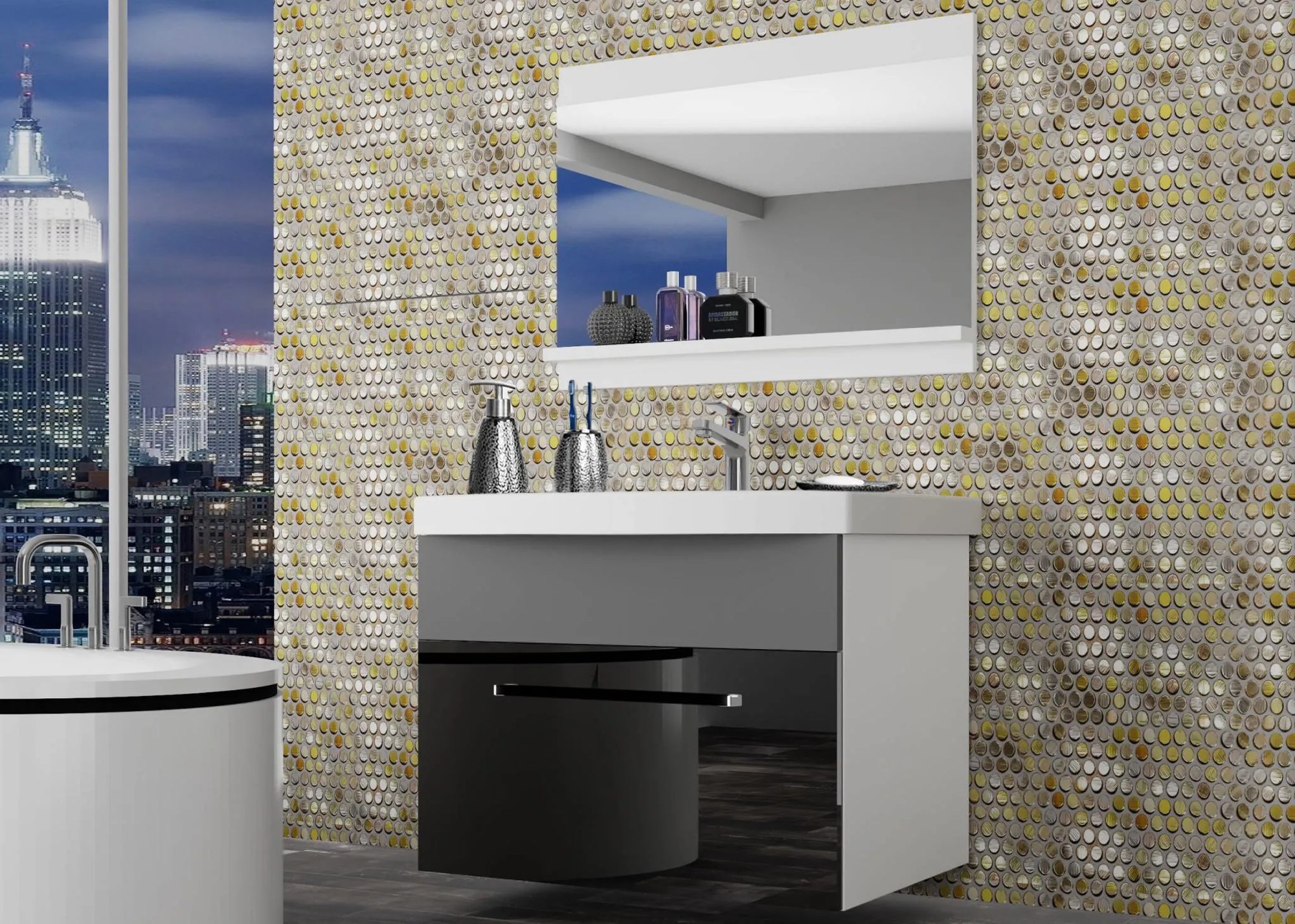 Kúpeľňový nábytok Belini čierny lesk / šedý mat + umývadlo + zrkadlo ROD PM 1/0/W/BSR/0/ZW