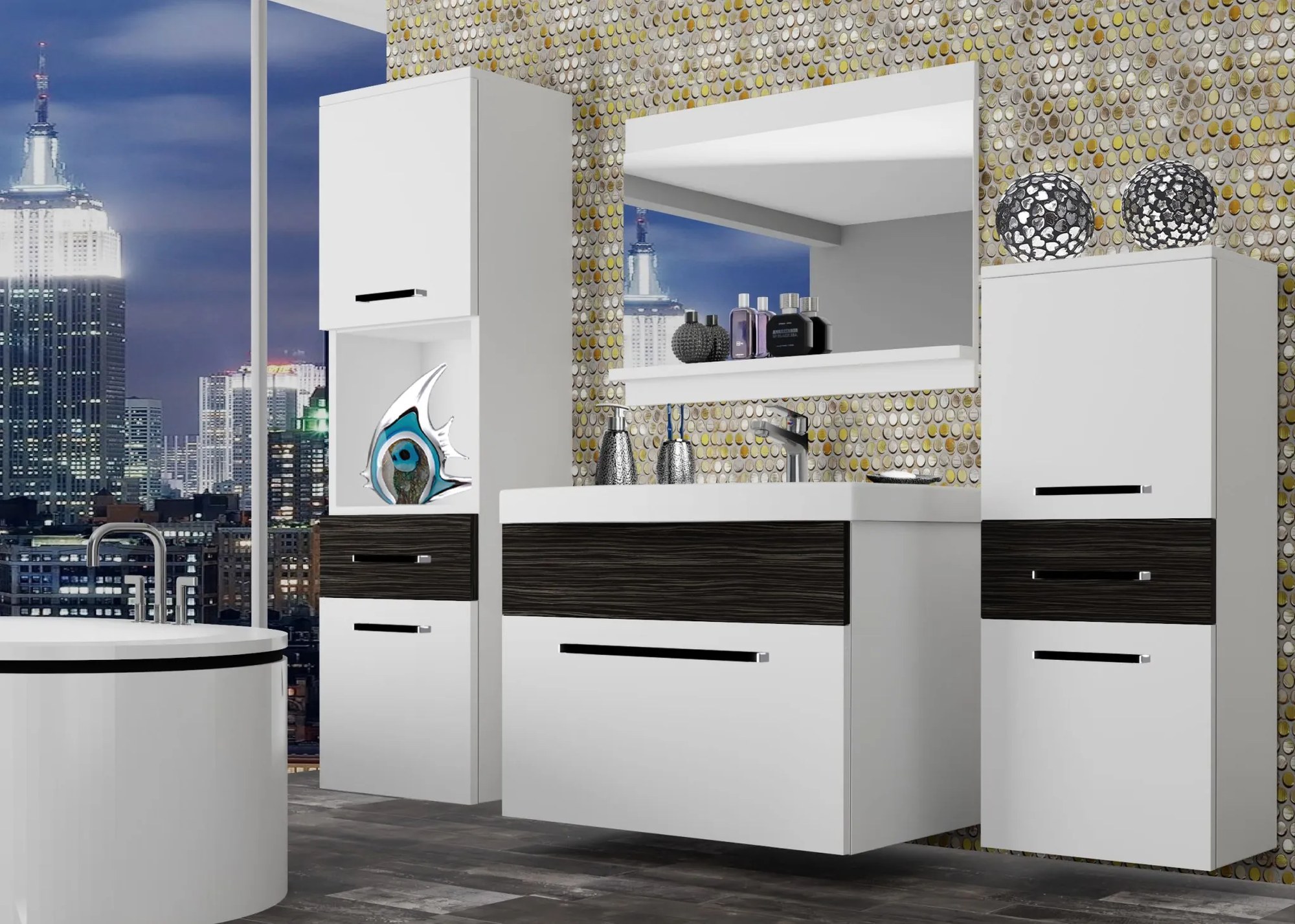 Kúpeľňový nábytok Belini biely mat / eben kráľovský + umývadlo + zrkadlo ROD M 5/0/W/WHK/0/ZW