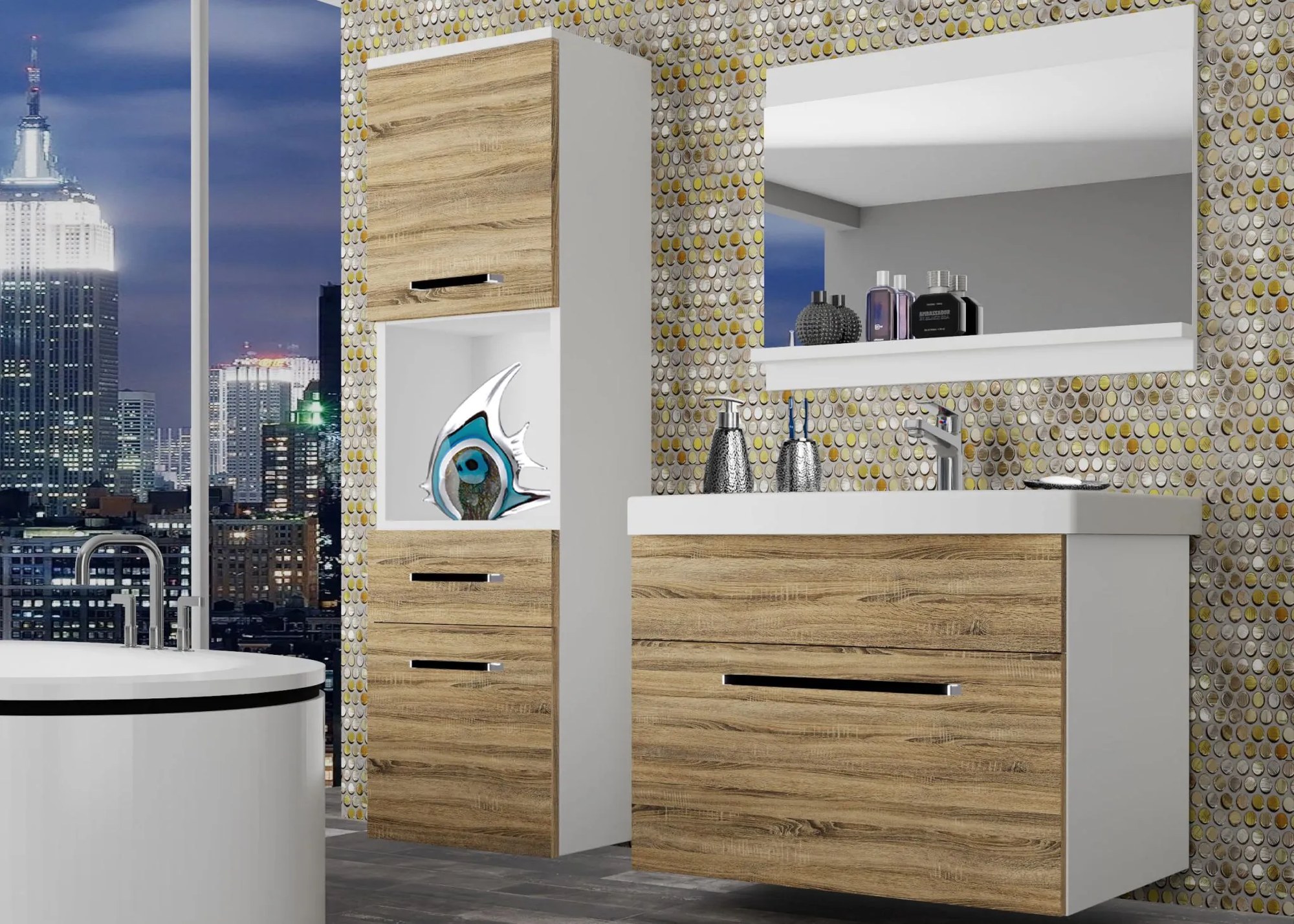 Kúpeľňový nábytok Belini dub sonoma + umývadlo + zrkadlo ROD M 3/0/W/DS/0/ZW