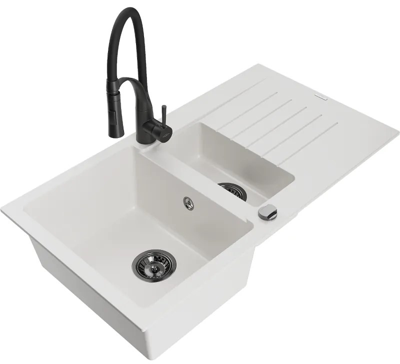 Mexen Matias, granitový drez 900x505x200 mm, 1,5-komorový a drezová batéria Aster, biela, 6502-20-73450-70-B