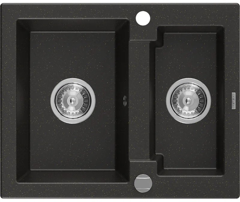 Mexen Carlos, granitový drez 582x475x177 mm, 1,5-komorový, čierna-zlatá metalíza, 6518581500-75
