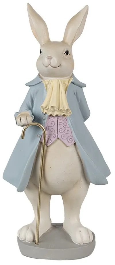 Dekorácia zajačik v modrom kabáte so zlatou paličkou - 12*9*26 cm