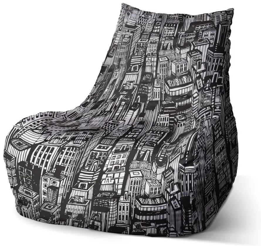 Sedací vak Bean kreslené mrakodrapy - detský, čierna / biela