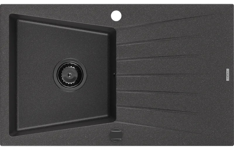 Mexen Cesar, granitový drez 775x470x190 mm, 1-komorový, čierna škvrnitá s čiernym sifónom, 6514771010-76-B