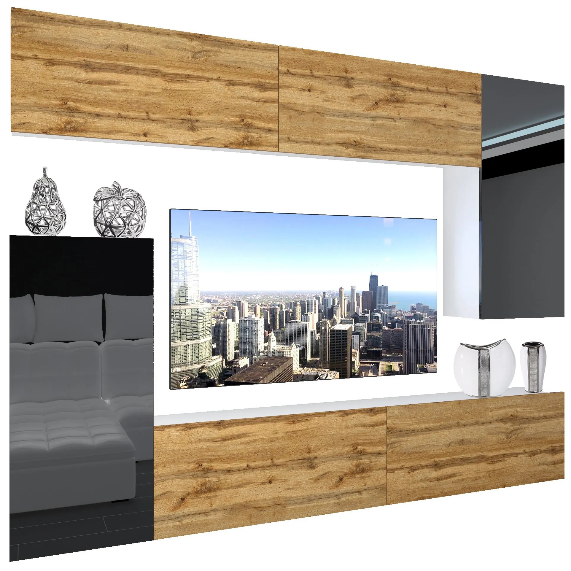 Obývacia stena Belini Premium Full Version dub wotan / čierny lesk + LED osvetlenie Nexum 127