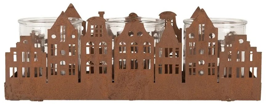 Hrdzavý svietnik v tvare domčekov Brocante rust Amster - 30*9*11 cm