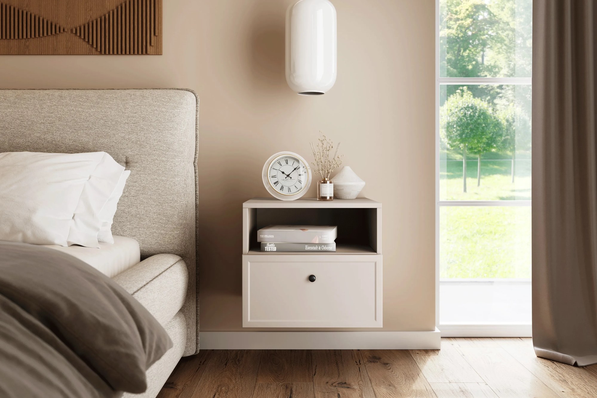 Závesný nočný stolík Lorini 45 cm - kašmírová / čierna úchytka G