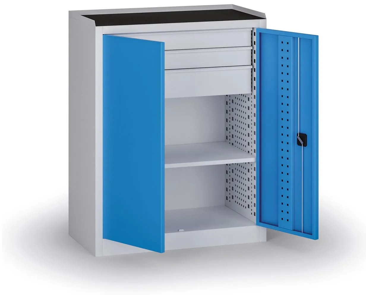 Policová dielenská skriňa 2-dverová, 1 police + 3 zásuvky, 1180 × 950 × 500 mm, modré dvere