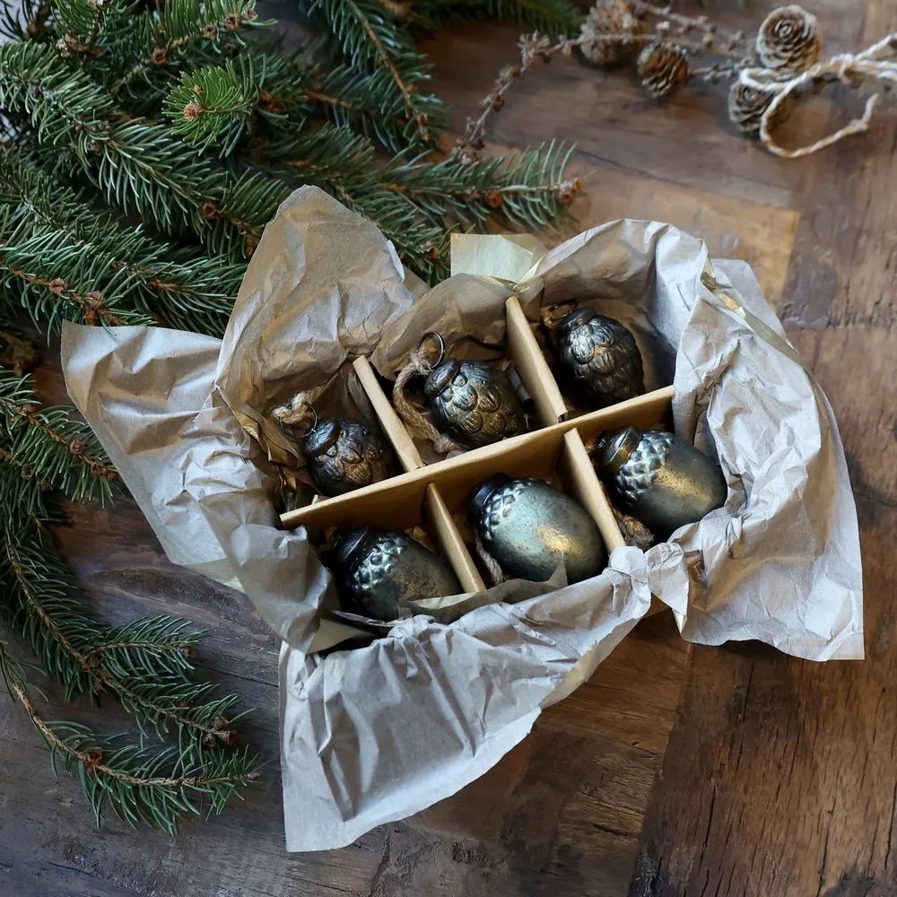 6ks zelená antik sklenená vianočná ozdoba šiška a žaluď - Ø 3,5*5,5 cm