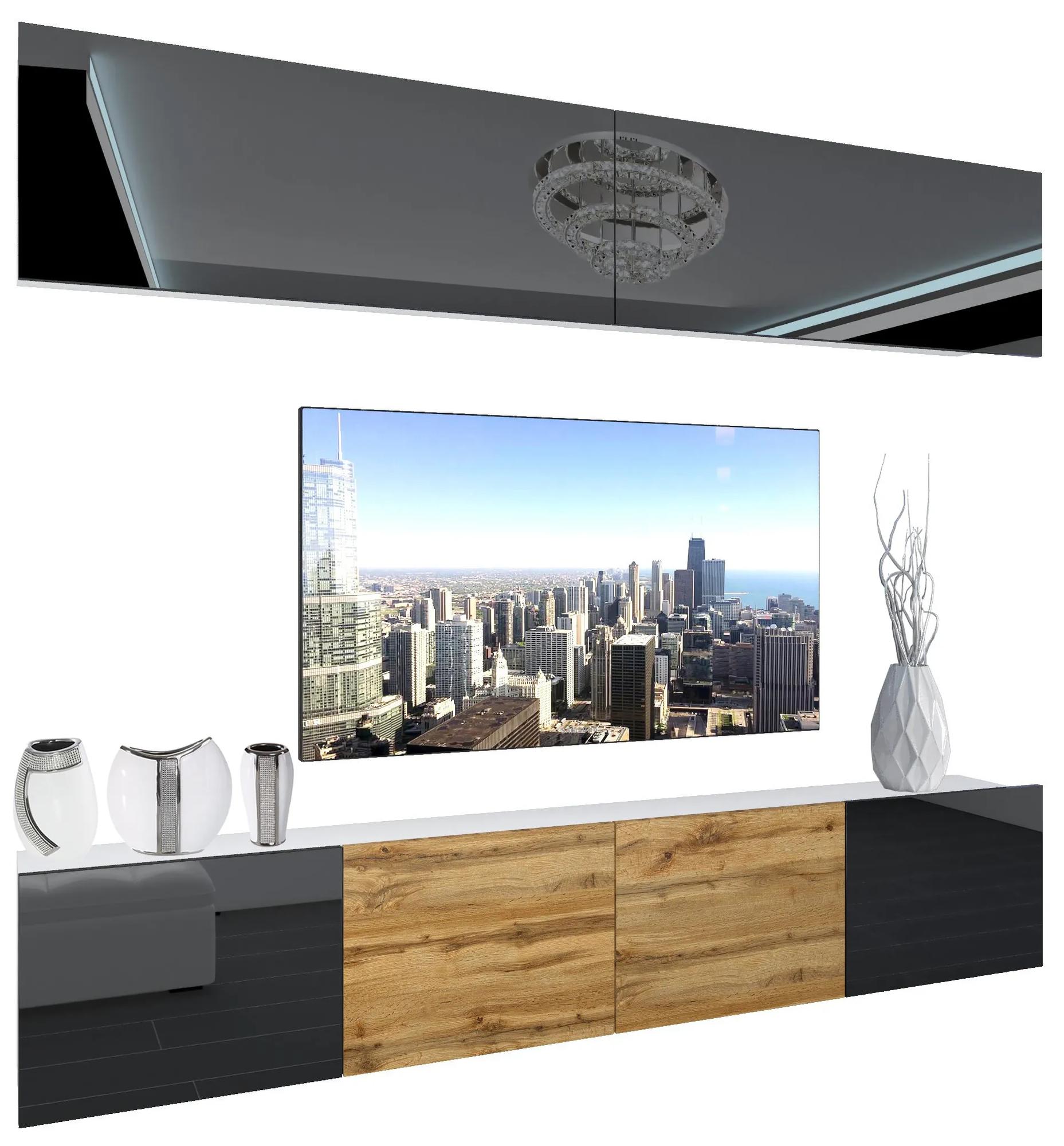 Obývacia stena Belini Premium Full Version čierny lesk / dub wotan + LED osvetlenie Nexum 95
