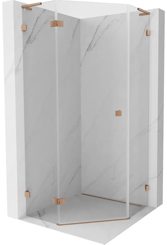 Mexen Lunar, L päťuholníkový sprchový kút naklápací doľava 100 x 100 cm, 8mm číre sklo, profil medená matná, 831L-100L-100P-65-00-L
