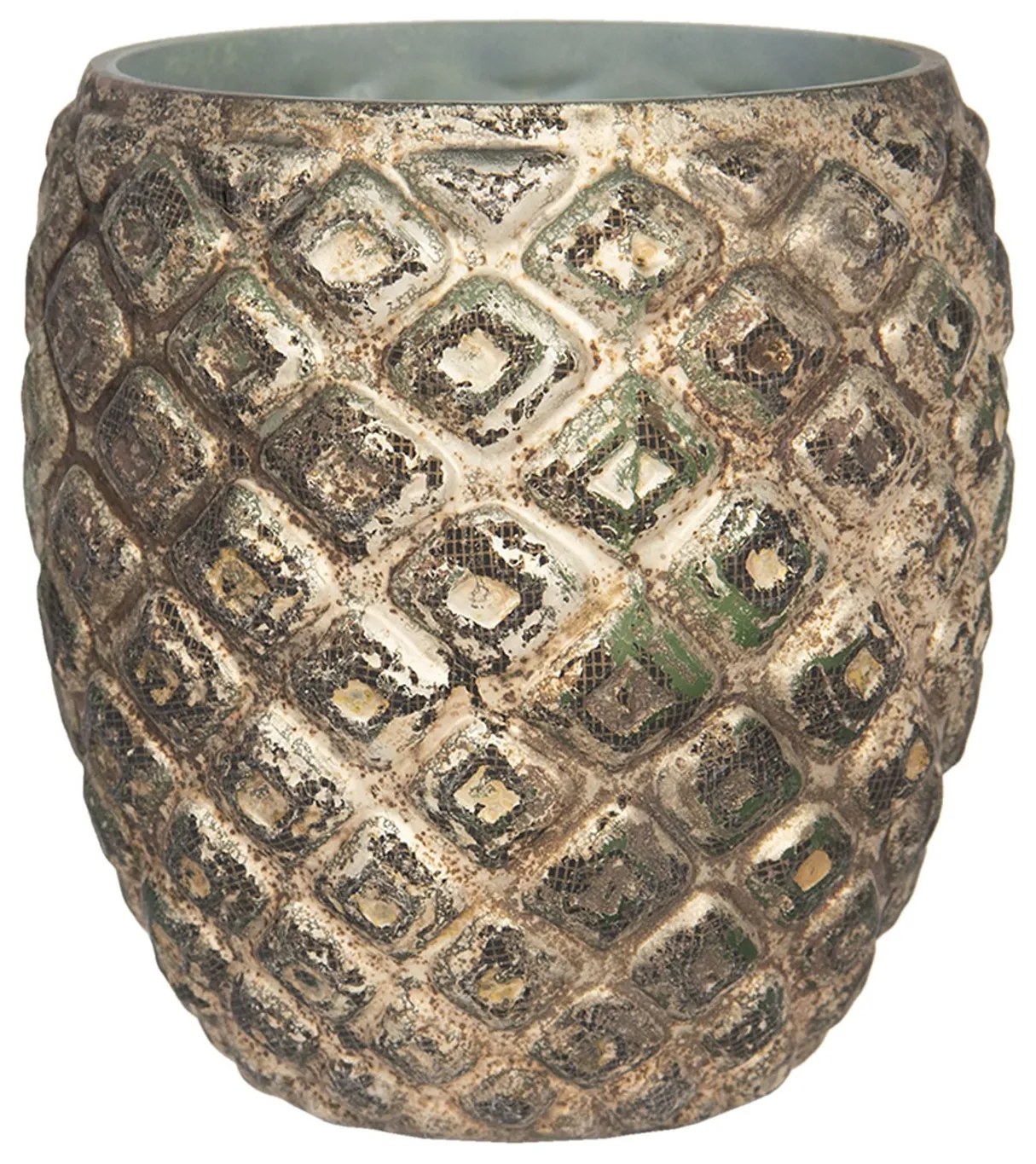 Zlato hnedý sklenený svietnik s patinou a odreninami - Ø 11 * 11 cm