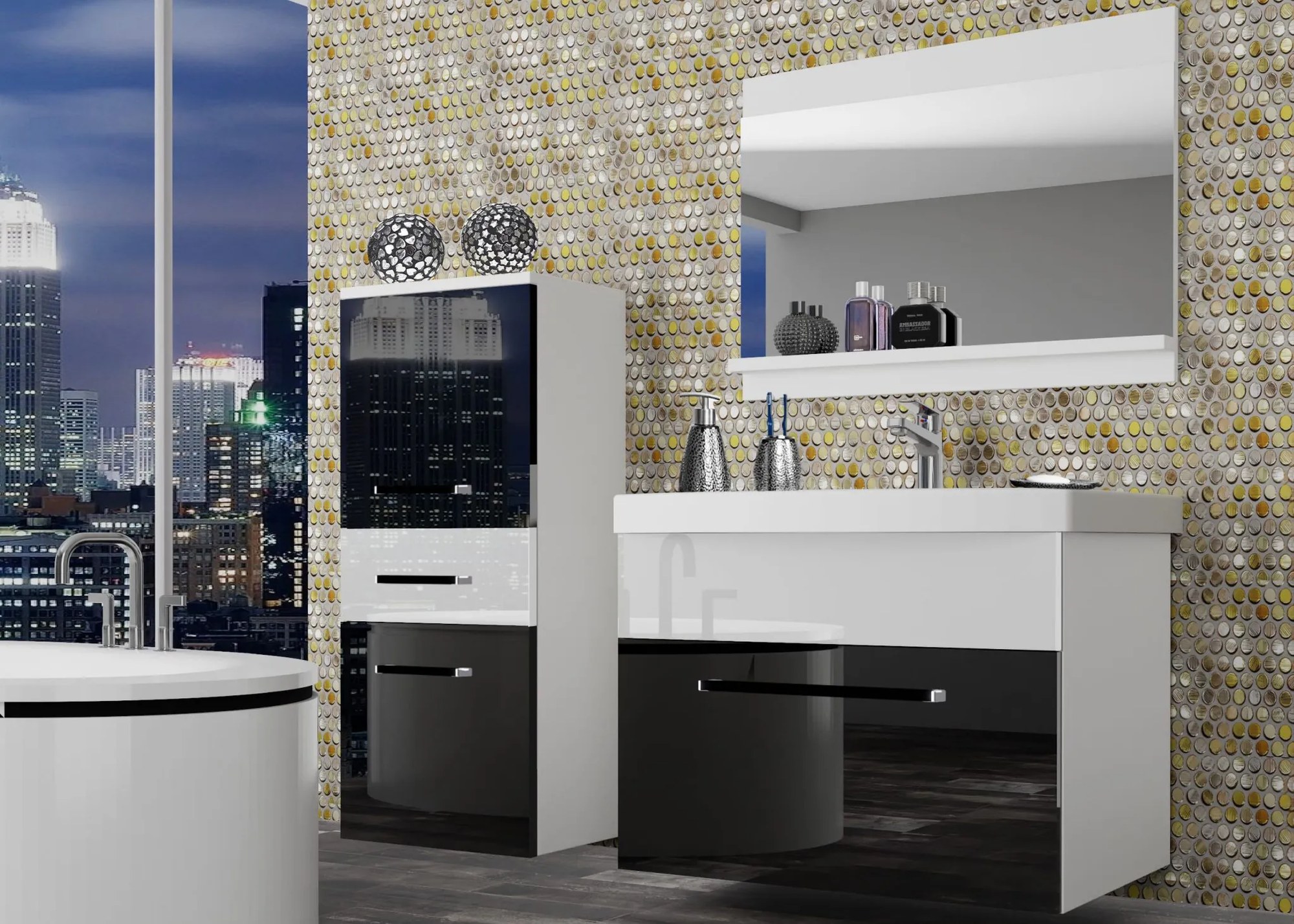 Kúpeľňový nábytok Belini čierny lesk / biely lesk + umývadlo + zrkadlo ROD P 2/0/W/BW/0/ZW