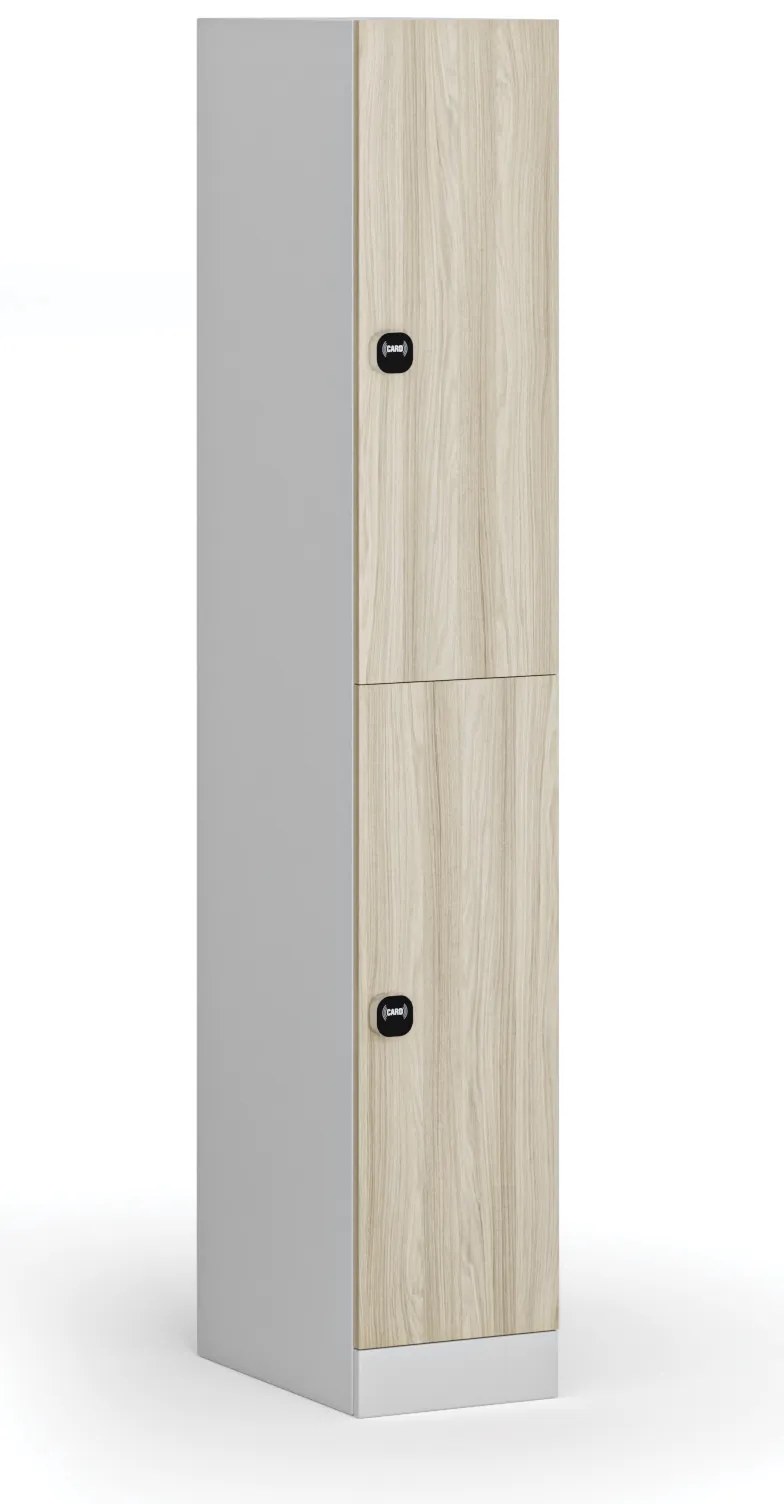 Šatníková skrinka S1 s úložnými boxmi, 2 boxy, 1850 x 300 x 500 mm, demont, zámok s čítačkou RFID kariet, laminované dvere, dub prírodný