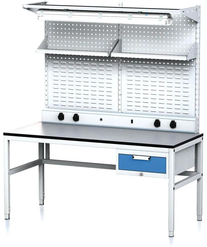 Alfa 3 Nastaviteľný dielenský stôl MECHANIC II, perfopanel, polica, osvetlenie, 1 zásuvkový box na náradie, 1600x700x745-985 mm, sivá/modrá