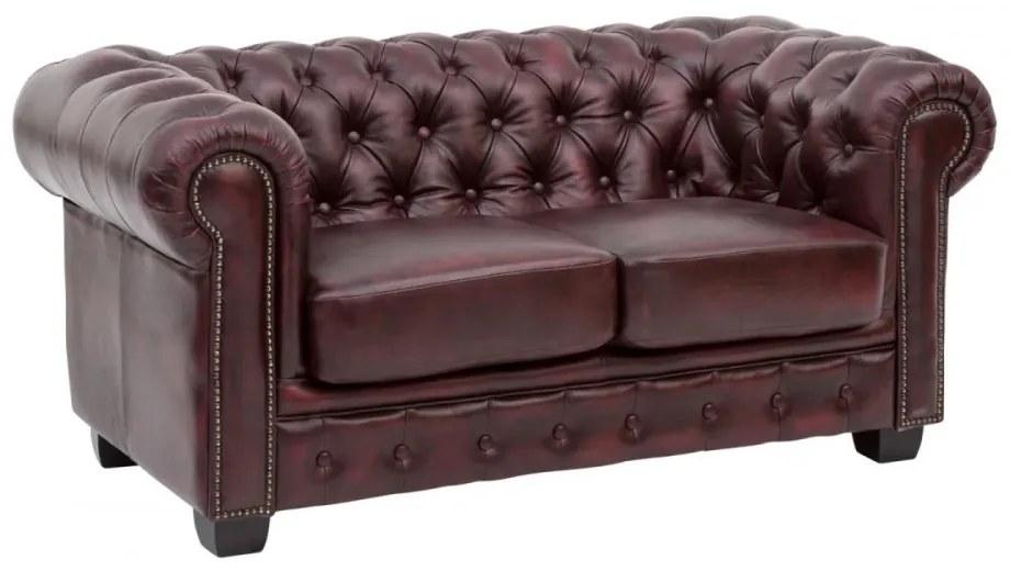 furniture-nabytek.cz - Masívna dvojmiestna pohovka Chesterfield z pravej kože, červená – 155×90×72 cm