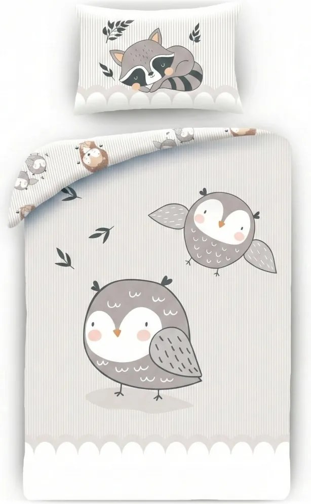 Obliečky do detskej postieľky so Sovičkami a Mývalom - 100% bavlna - 40x60 cm + 100x135 cm