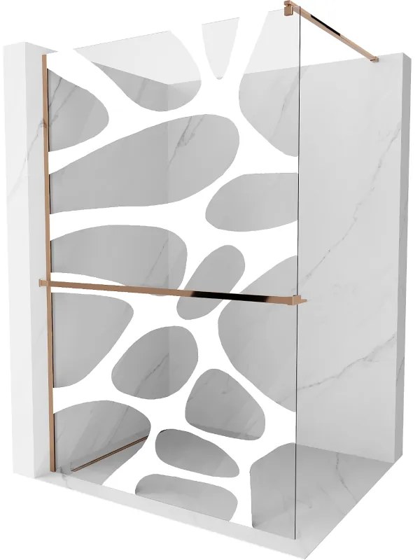 Mexen Kioto+, sprchová zástena s poličkou a držiakom na uteráky 90 x 200 cm, 8mm číre sklo vzor biely, profil ružové zlato, 800-090-121-60-97