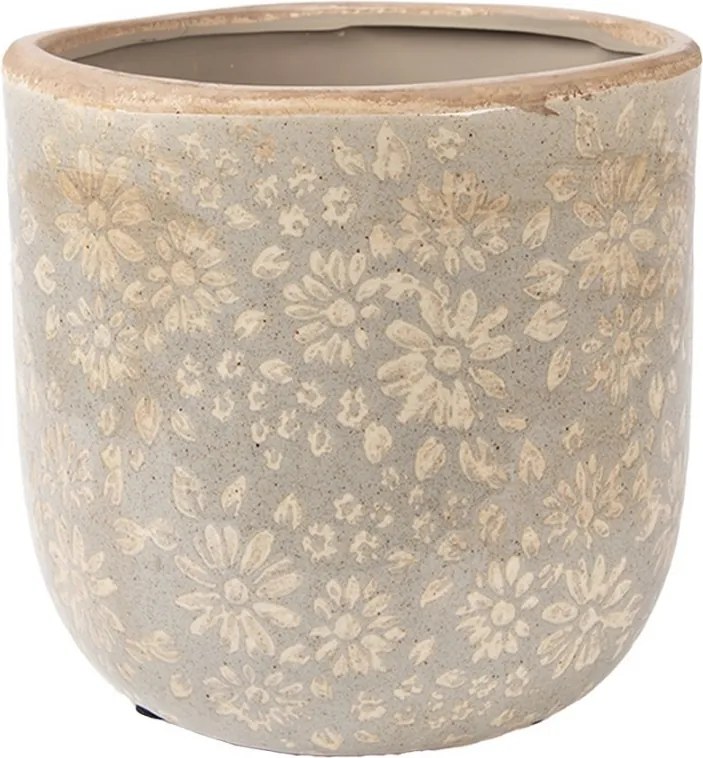 Šedý antik keramický obal na kvetináč s kvetmi L - Ø 18*16 cm