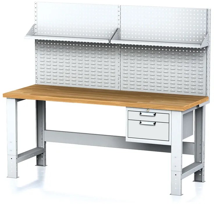 Alfa 3 Nastaviteľný dielenský stôl MECHANIC I, závesný box na náradie, nadstavba, polica, 2 zásuvky, 2000x685x700-1055 mm, sivé