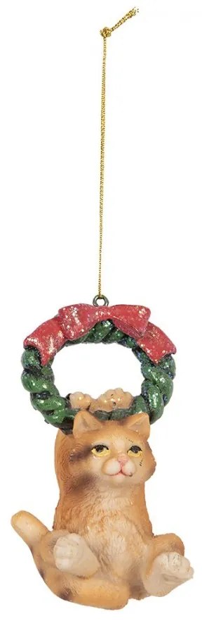 Závesná dekorácia mačička na zelenom venčeku - 6*5*9 cm
