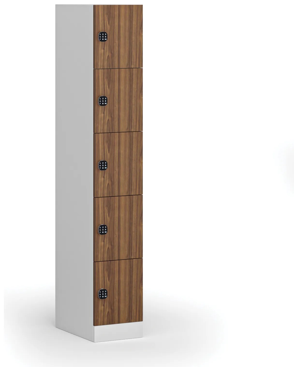 Šatníková skrinka s úložnými boxmi, 5 boxov, 1850 x 300 x 500 mm, kódový zámok, laminované dvere, orech