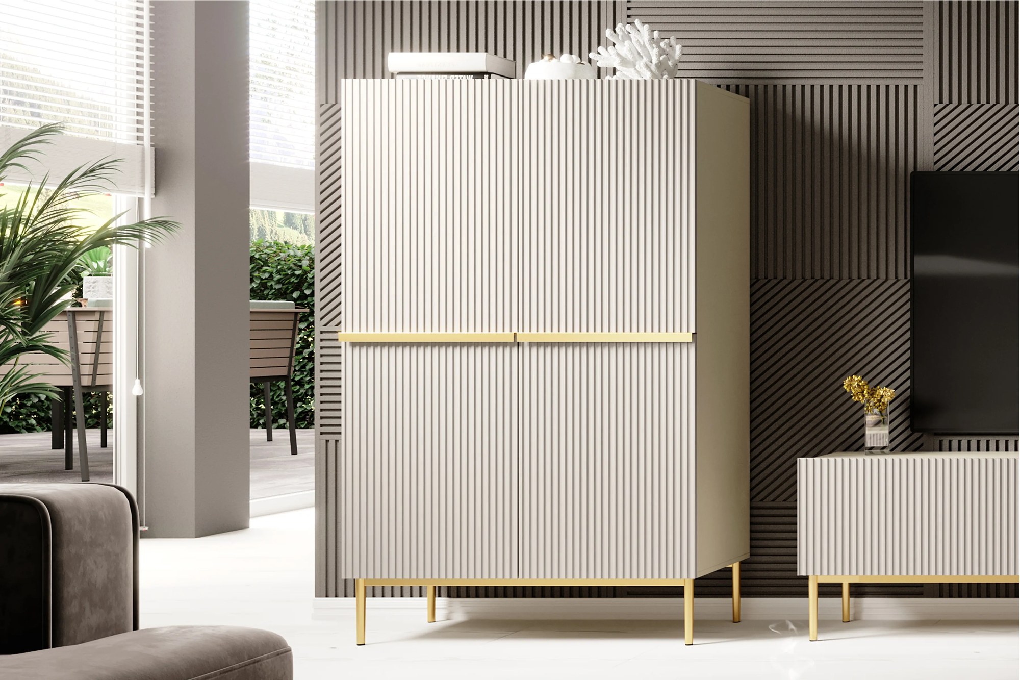 Vysoká komoda Nicole 100 cm – kašmírová / zlaté nožičky