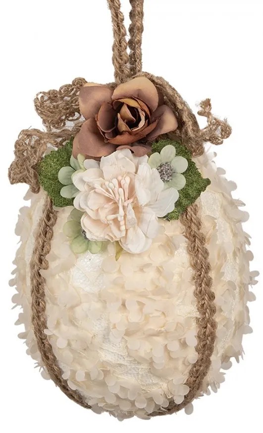 Béžová závesná dekorácia vajíčko zdobené kvetmi - Ø 11*17 cm