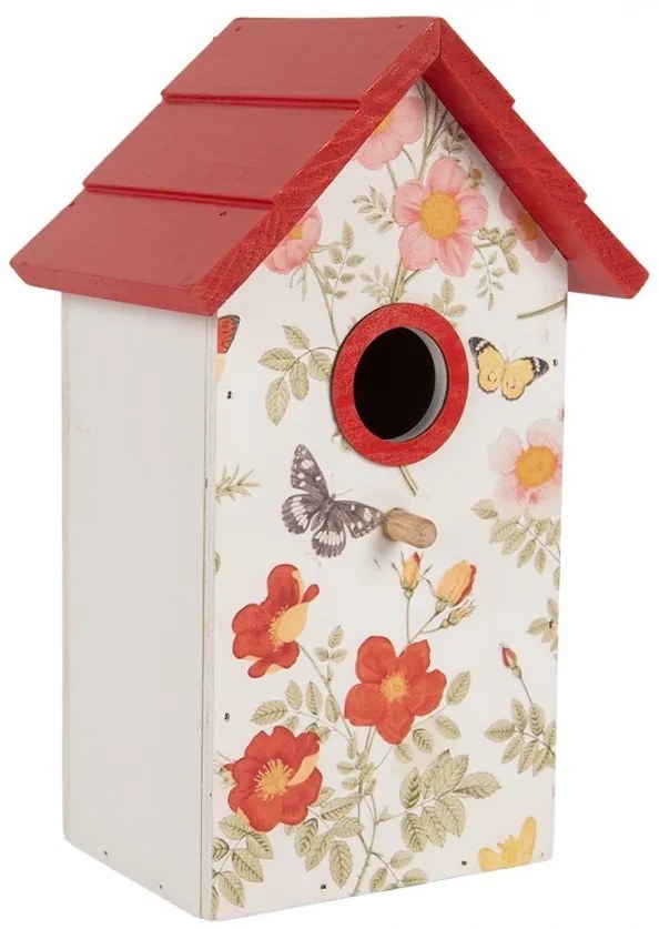 Bielo-červená dekoračná vtáčia búdka s kvetmi Birdhouse - 15*10*22 cm