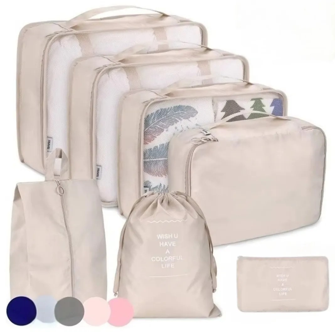 Súprava 7 cestovných organizérov, zbaľte si kufor prehľadne, TRAVEL, krémová