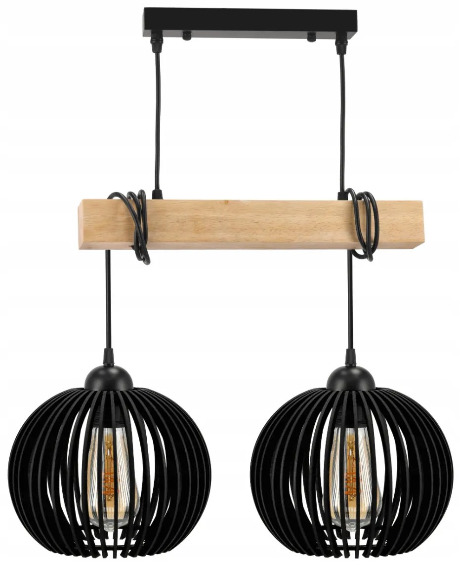 BERGE LED stropné svietidlo závesné drevený trám 2xE27 guľa - čierna