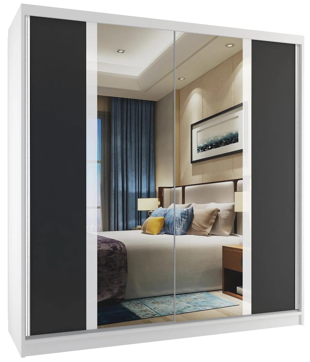 Šatníková skriňa 158cm Belini biely mat / čierny mat s posuvnými dverami a zrkadlom MV SZP3/2/W/B/W/HI