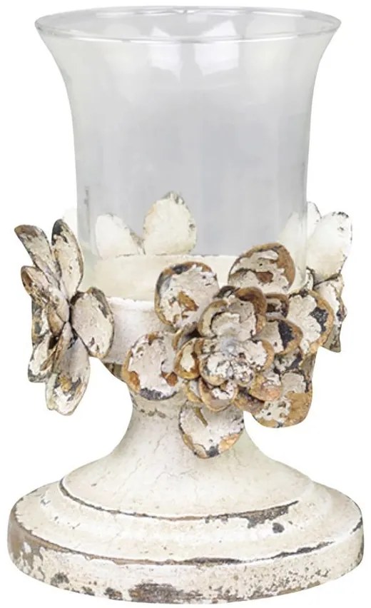 Béžový antik svietnik na nohe zdobený kvetmi Brocante - Ø 12*18 cm