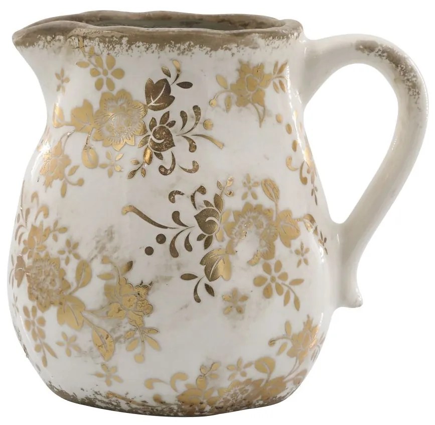 Béžový baňatý keramický džbán so zlatými kvetmi Melun gold - 13*16 cm