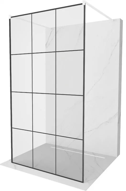 Mexen Kioto, priechodná sprchová zástena 110 x 200 cm, 8mm sklo číre/čierny vzor, 2x biela stabilizačná rozpera, 800-110-002-20-77