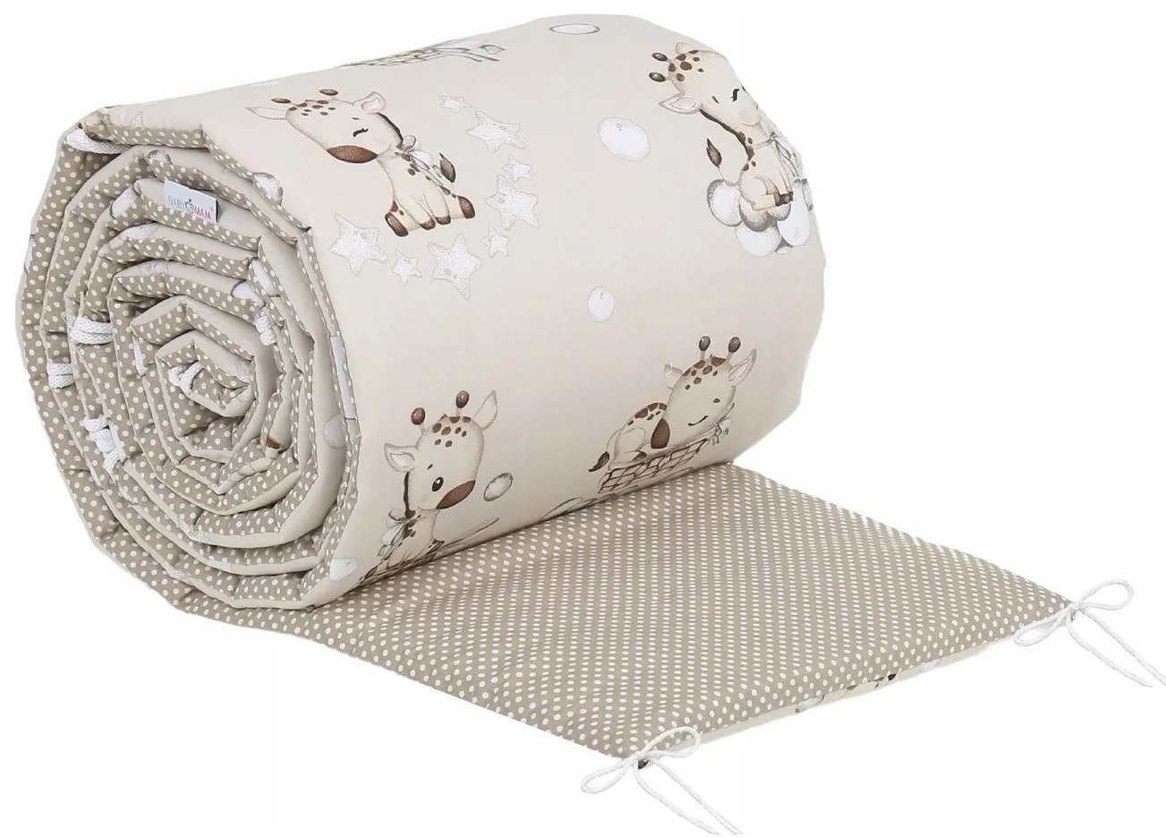 Ochranný mantinel do postieľky 180x30 cm BABYMAM PREMIUM - Žirafa/biele bodky na béžovej