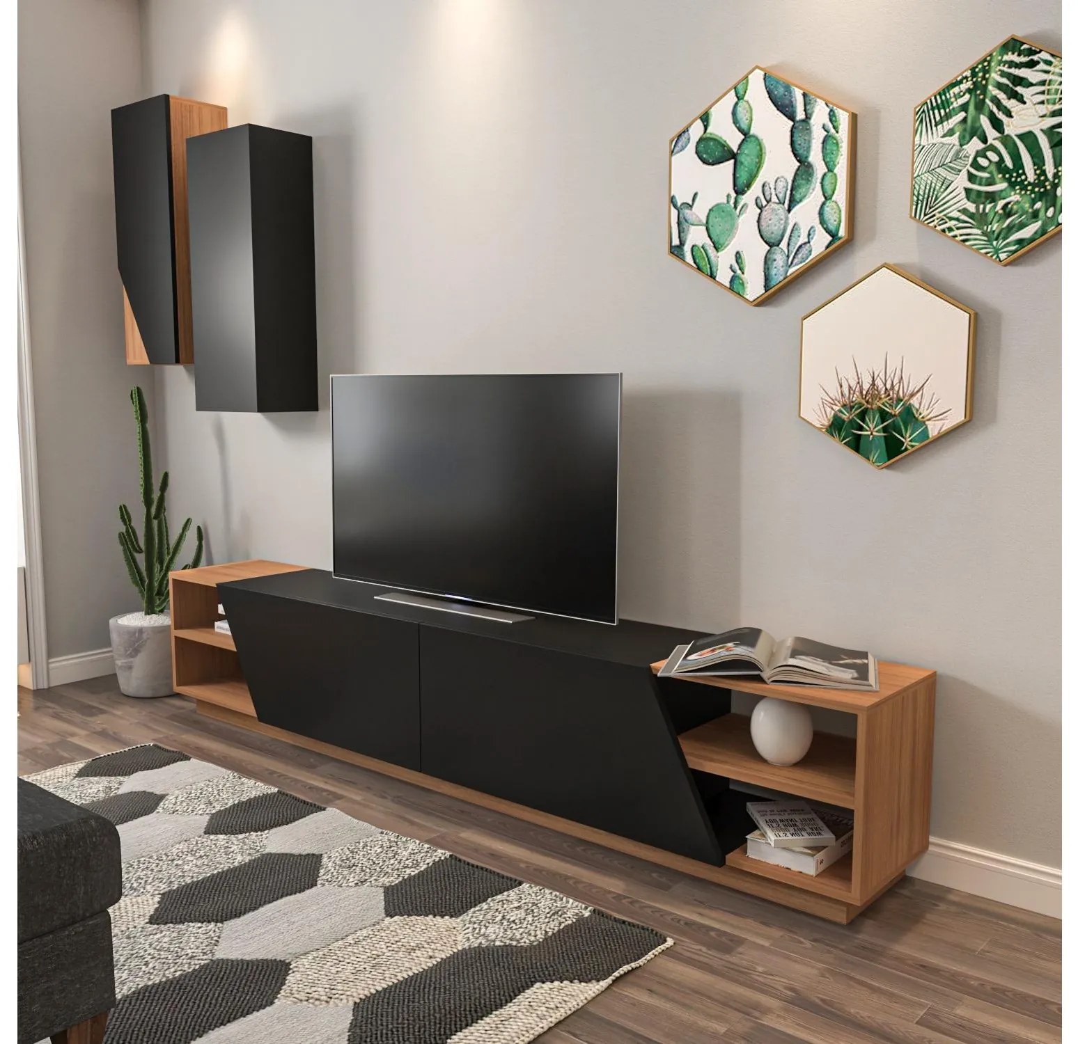 Obývacia stena Ziva 2 (čierna + teak). Akcia -19%. Vlastná spoľahlivá doprava až k Vám domov. 1102660