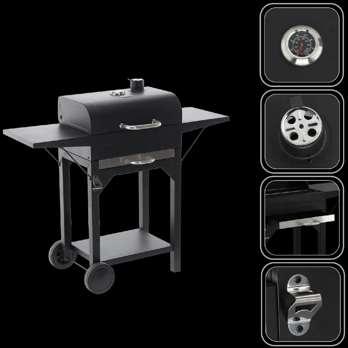 BBQ Meeting Gril na drevené uhlie s vekom, roštom a kolieskami *6049