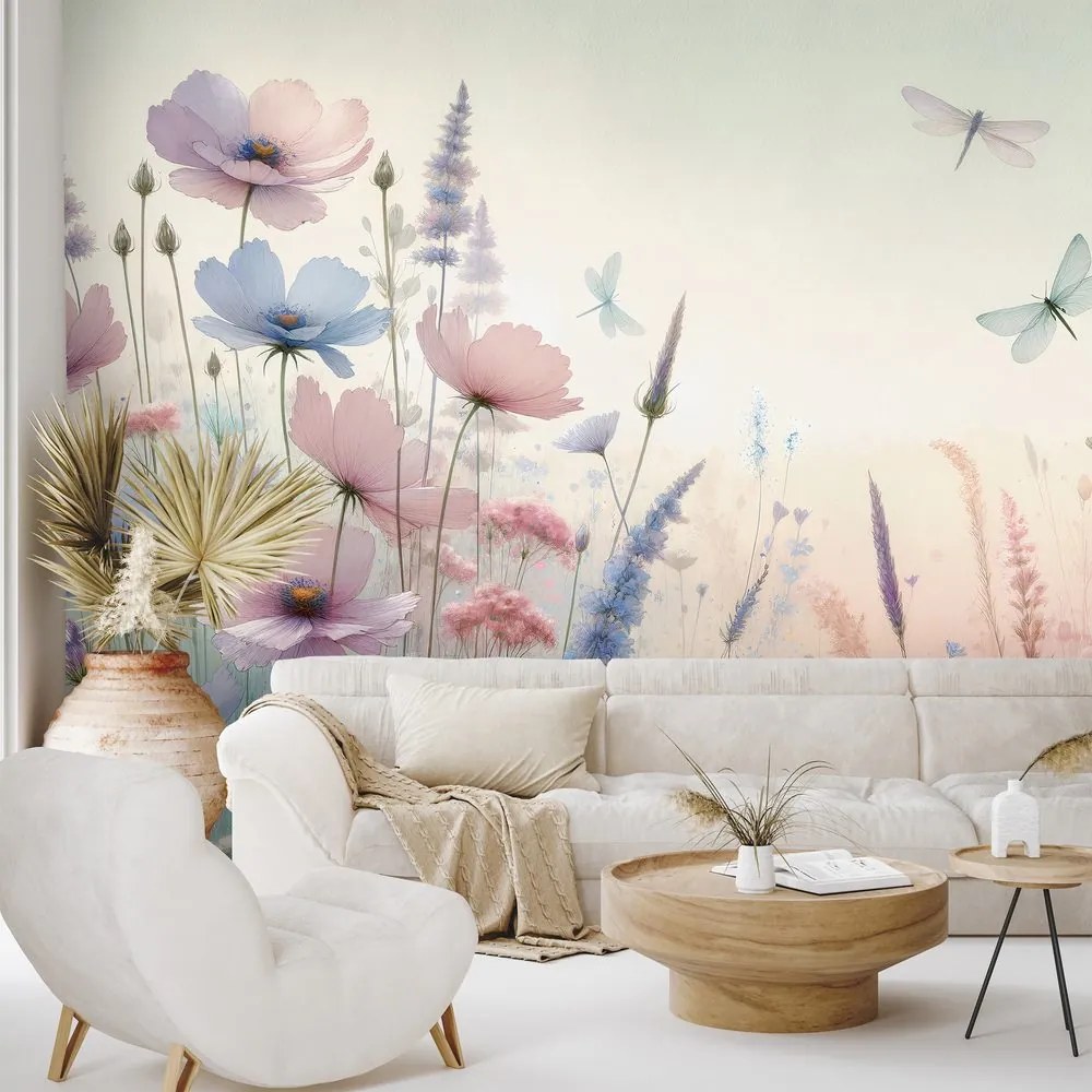 Fototapeta pastelové kvety a vážky