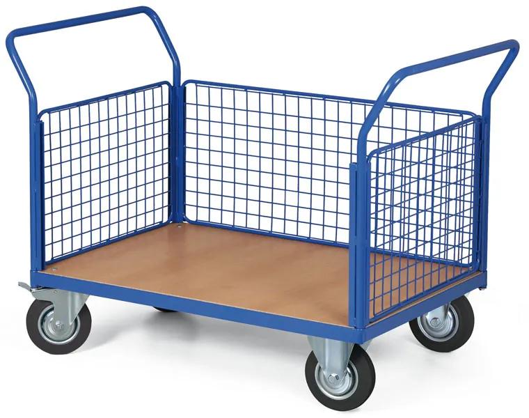 Plošinový vozík - 3 drôtené výplne, 1200x800 mm, nosnosť 300 kg, kolesá 160 mm s čiernou gumou