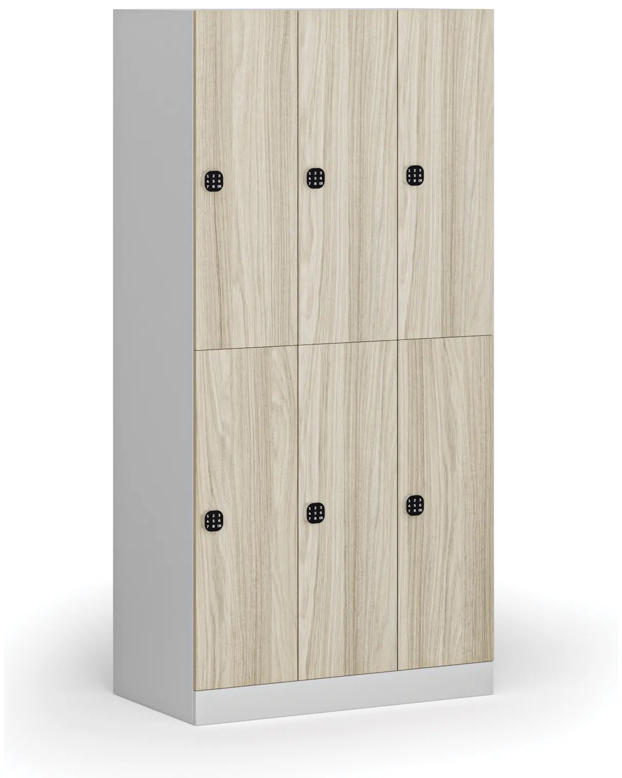 Šatníková skrinka s úložnými boxmi, 6 boxov, 1850 x 900 x 500 mm, kódový zámok, laminované dvere, dub prírodný